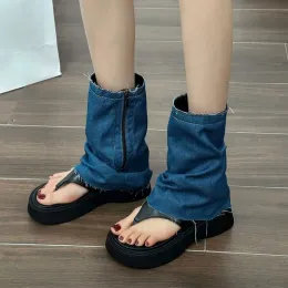 Sandalias de plataforma de mezclilla casual de moda de tacón medio 2024 verano nuevas chanclas zapatos de vestir zapatillas.