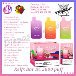 100% 원래 Relfx Bar BC 5000 퍼프 가처분기 vape 펜 15ml 사전 채워진 포드 메쉬 코일 650mah 충전식 배터리 0% 2% 3% 5% 증발기 E 담배 20