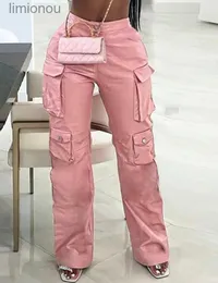 سراويل البضائع النسائية Capris Pink للنساء 2024 الربيع مستقيم الساق الصلبة LTI-POCKET تصميم عالي الخصر بو الجلود السراويل فضفاضة السراويل الشارع الشارع 240110