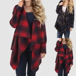 Damenjacken Plaid -Druckjacke unregelmäßige Revers Casual Lose Cardigan weibliche Tops Vintage Elegant Tweed Basic Mantel