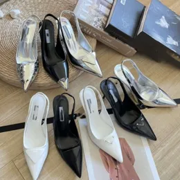 Slingback Heels Designer Triangle Pumps Schwarzes Leder Spitze Kleid Paty Schuhe Zehensandalen Slingpumps Weißer Absatz Bequeme Mode Loafer Sandale