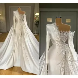 Superbe robe de mariée sirène à manches longues scintillantes avec surjupe, asymétrique épaule dénudée, perles de luxe, cristaux, robe de mariée plissée, 2024