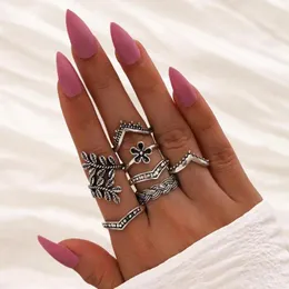 Cluster Anéis Boho Vintage Cor Prata Flor Midi Moon Set para Mulheres Weave Knuckle Joint Finger Ring 2024 Feminino Bohemian Jóias Presente