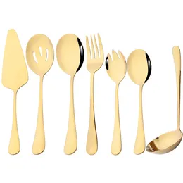 Drmfiy 7Pcs Gold Dinnerware Large Soup Spoon Salad Service Spoon Fork Cake Spatula Stainless Steel Cutlery Set Kitchen Tableware 240110