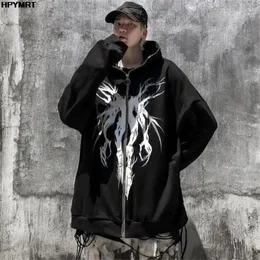 Män punkmönster tryckt blixtlås ribben huva tröja jacka hip hop casual överdimensionerade hoodies kappa streetwear höstpar 240110