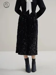 DUSHU Черные длинные юбки с пайетками и высокой талией, эластичная талия, женская зимняя юбка-карандаш средней длины, темпераментная, 240110
