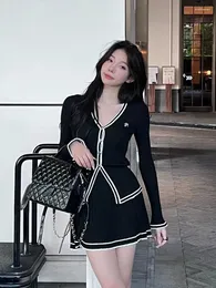 Work Dresses Knitted Two Piece Sets Women Clothing Long Sleeve Cardigan Coat Fashion Patchwork Bodycon Single Breasted Skirt Suit Y2k Set