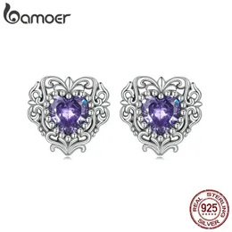 أقراط Bamoer 925 Sterling Silver Bright Purple Zirple Quarons Love Strains for Women Vintage Stud Actures Gight Jewelry Gift BSE695