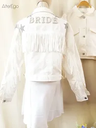 デニムジャケットと星のホワイトフリンジパールパーソナル花嫁カスタムMrsjean Wifey Wedding Coats Tops 240109