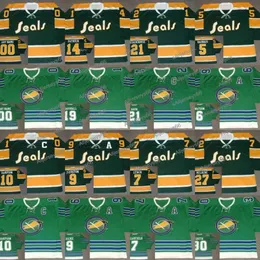 Maglia retrò Oakland Seals 10 TED HAMPSON 14 CRAIG PATRICK 19 BERT MARSHALL 21 BOBBY BAUN RON STACKHOUSE 30 GARY SMITH 27 GILLES MELOCHE Maglia Cus Ice