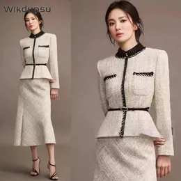 Set di gonne da donna Abiti da 2 pezzi Stile coreano Designer di marca di lusso Giacca a maniche lunghe Giacca di tweed di lana Cappotto Gonna superiore Vestiti 240109