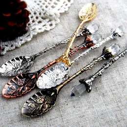 Royal Metal spoon Carved Coffee Spoons Forks with Crystal Head Kitchen Fruit Dessert Icecream Scoop gift Metal Spoons KKA79262788560