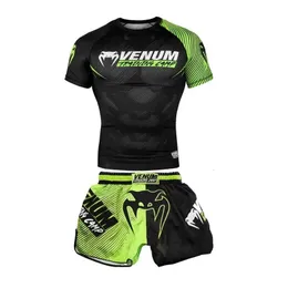 Heren Sport Boksen TシャツショーツセットMMA Vechten Sanda Printing Snel Droog Training Thaise Boksbroek Tweedelige Set 240110