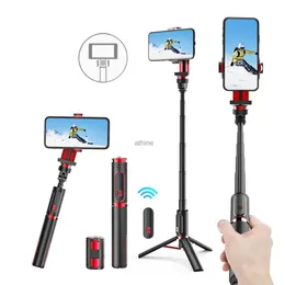 Monopiedi per selfie Stabilizzatore portatile in lega di alluminio Bastone per selfie Treppiede Supporto per telefono da tavolo Treppiede Bastone per selfie leggero con telecomando BT YQ240110