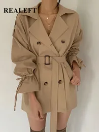 Realeft Autumn Winter Khaki Minumalist Women's Trench Coat Sashes Windbreakerルーズフレアスリーブダブル胸部トレンチ240109