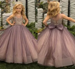 Purple Tulle Flower Girl's Dresses Jewel Neck Sequined Lace Little Girl's Pageant Wedding Party Ball Ball Gowns Puffy Long Toddler Kids First Communion Formal Dress CL3192