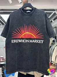 Herr t-shirts 2024 män kvinnor marknaden tee vintage halva sol t-shirt överdimensionerad tvätt bla toppar grafiska tryck kort sleeveyolq