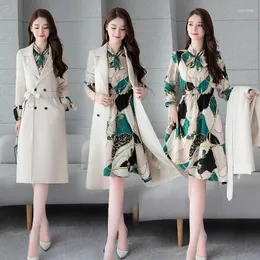 Vestidos de trabajo Traje elegante y elegante de dos piezas para mujer, abrigo largo y chaqueta con fajas de moda coreana con conjuntos de vestidos con estampado floral