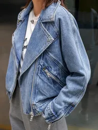 Fitaylor Primavera Autunno Moto Giacca di jeans Moda Donna Risvolto Cerniera Corta Cowboy Streetwear Vintage Cappotto allentato Outwear 240124