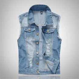 Blue Men's Sleeveless Jeans Jacket Ripped Denim Vest Cowboy Waistcoat Men Cotton Slim Fit Hip Hop Streetwear Tanks Oversize 6XL 240109