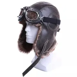 Brille Ohrenklappe Ushanka Warm Pelzmütze Leder Armee Helm Bomber Männer Trapper Pilot Flieger Kostüm Mütze mit Schutzbrille Sowjet für Frauen