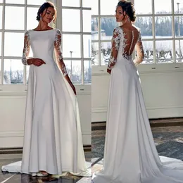 Elegant A Line Satin Wedding Dress Court Train Sheer Back Lace Appliques Long Sleeves Sexy White Bridal Gowns 2024 Beach Boho Bride Dresses