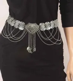 Ethnic Vintage Metal Belly Chains for Women Dancing Dress Belt Waist Chain Geometric Coin Long Tassel Indian Body Jewelry Chain 240110