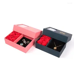 Jewelry Pouches Valentine's Day Gift Box Six Roses Imitation Eternal Flower Ring Earring Necklace Set