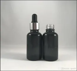 Bottiglie contagocce in vetro trasparente nero da 30 ml con tappi in argento Pipetta in vetro con capezzolo in gomma per olio Essentila E liquido1525157