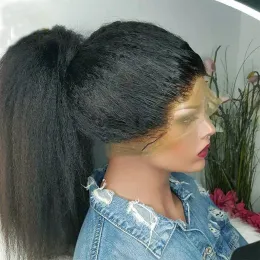 180densidade completa rendas frente perucas kinky em linha reta peruca de cabelo humano natural preto hd transparente yaki em linha reta perucas frontais para mulher pré-selecionado