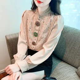 女性のブラウススパンコールシャツ女性スプリングダイヤモンドボタンアップ韓国の長袖ファッショントップカワイイ服エレガントなブラウス