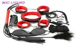 Sex Bondage Restraint Set 10pcsSet vuxna spel Sex Erotiska leksaker Hands Nippel Clamp Whip Collar Sexleksaker för par Flirting Y18108174812