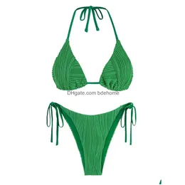 Costumi da bagno Zaf Costume da bagno a triangolo da donna senza schienale Halter Top Perizoma bikini a taglio alto Costume da bagno con laccetti laterali strutturati Costume da bagno solido Dhudu