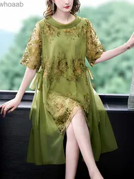 Basic Casual Dresses Summer Green Mesh Embroidery Floral Midi Dress Women New Fashion Light Casual Prom Dress 2023 Korean Vintage Elegant Loose Dress YQ240110