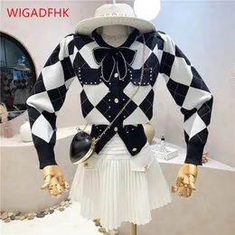 Western Style Bowknot Uzun kollu kazak Kadınlar Sonbahar/Kış Ürünü Tırnak Pırlanta Çek Örgütlü HARDIGAN CHIC TOP 240109