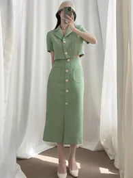 Fashionable Elegant Lapel Thin Tweed Green Small Suit Short JacketHigh Waist Chic Button Slim Skirt Two-Piece Set Y426 240109