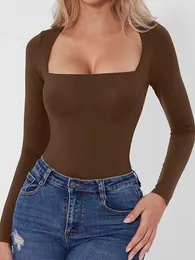 Vestidos casuais mulheres manga longa bodysuits cor sólida pescoço quadrado magro macacão primavera outono macacões streetwear