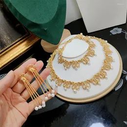 Colares Pingente Vintage Tecido Corrente Natural Pérola Borla Colar Pulseira Brinco Para Mulheres Menina Presente Festa de Casamento Gargantilha Conjunto de Jóias