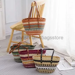 Shoulder Bags Colorful striped str bag soft leather handle handbag women's large capacity tote bag fashionable popular woven cabbage basketstylishhandbagsstore