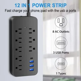 Prolunga multipresa con protezione da sovratensione con presa multipla USB C nera con cavo da 1,2 m, 8 prese e 3 porte USB 1 USB-C, prese multiple da scrivania per montaggio a parete 1700J