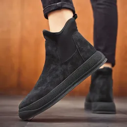 Botas de tobillo negras antideslizantes con plataforma alta de moda informal sin cordones de gamuza de invierno para hombre