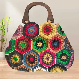 Totes Bohemian Granny Squarehet Women Handväskor Vintage Trä stickade handväskor handgjorda vävda stora tote stora shoppare plånböcker 2023Stylishyslbags