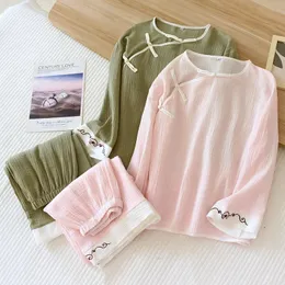 Chinese style double gauze wrinkly cotton pajamas sets women Spring summer plus size simple retro long sleeve trousers sleepwear 240110