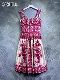 Lässige Kleider SISPELL Hit Farbe Blumendruck Kleid für Frauen Quadratischer Kragen Ärmellos Hohe Taille Eine Linie Falten Weibliche Mode