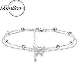 Cavigliere Fansilver Braccialetti alla caviglia in argento sterling 925 per le donne Cavigliera con perline a forma di farfalla Catena delicata a strati Gioielli per piedi regolabili