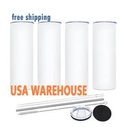 USA CA Warehouse 20oz Double Wall Sublimation Blanks Mugs Rostfritt stål tumlar med sugrör och lock 0111