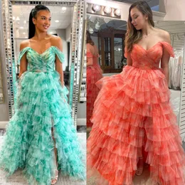 Long Layer Formal Party Dress 2k24 Print Organza Slit Lady Pageant Prom Evening Event Hoco Gala Cocktail Red Carpet Dance Gown Photoshoot Illusion Corset Coral Green