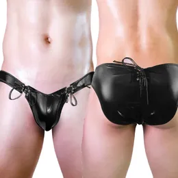 Män pu läder exotiska trosor snörning av bandage gay trosor wetlook clubwear latex underkläder bondage underkläder underbyxor svart 240110