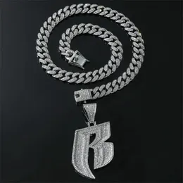 Halsketten Mode Ruff Ryders Schmuck Hip Hop Halskette mit Kristallbuchstaben R Anhänger mit 13 mm Breite Iced Out Miami Cuban Chain Choker