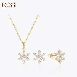 Örhängen Roxi 925 Sterling Silver 3st Winter Snowflake Zircon Stud Earring With Pendant Necklace Set Engagement Party Jewelry Christmas